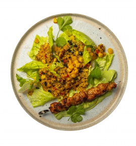 Salad with grilles chicken skewer and quinoa